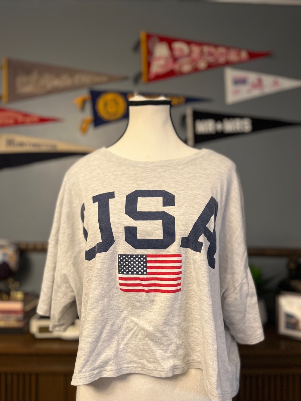 BUCKETLIST Light Gray USA Graphic Tee with Navy and Red Accents